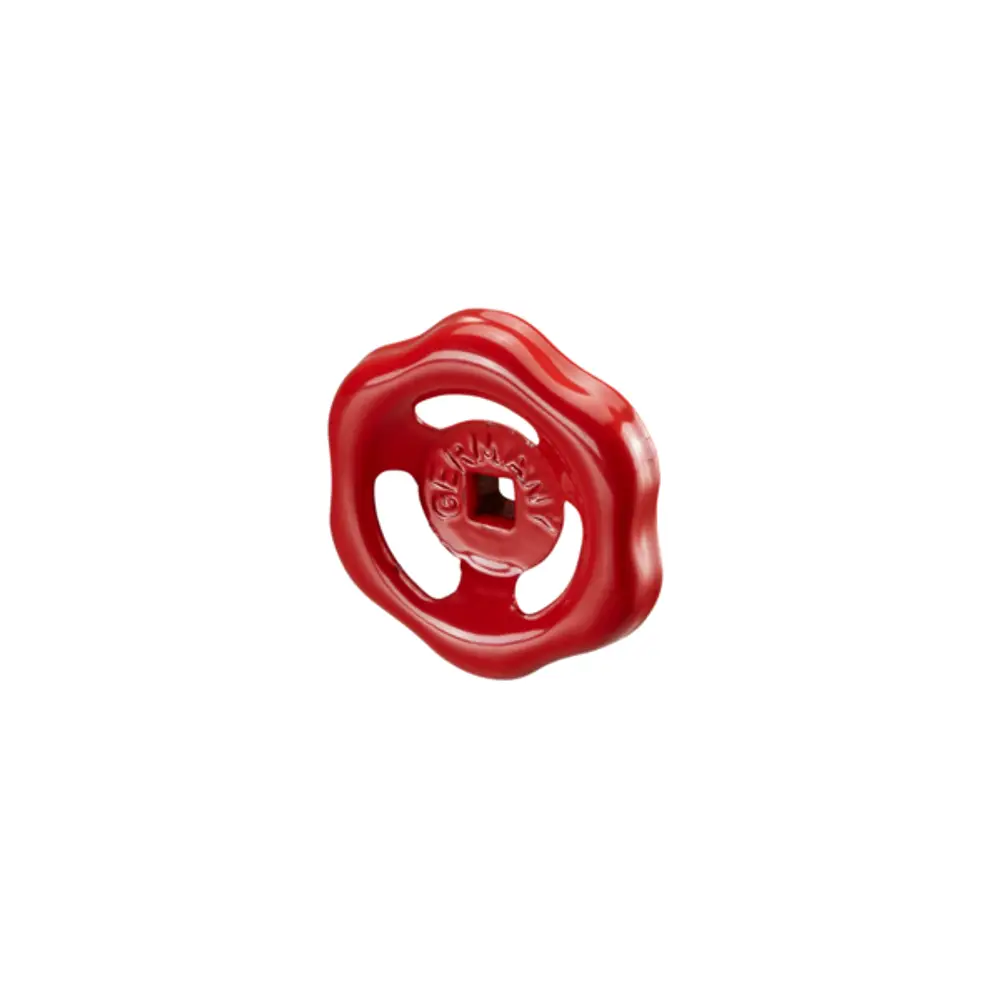 Rotes Handrad von Oventrop, kreisförmig mit apostillierter nimmt. Geeignet für Armaturen zur Regelung des Wasserflusses in Heizsystemen.